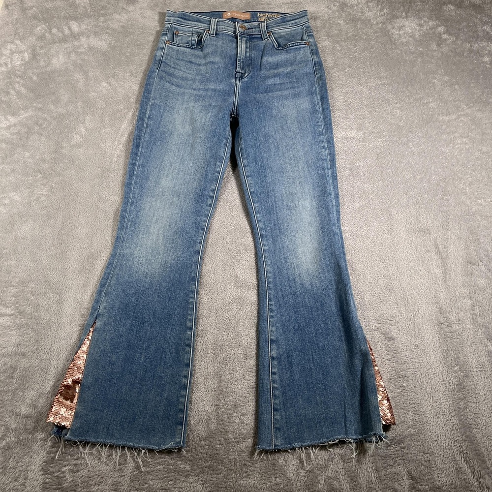 7 For All Mankind Jeans High Waist‎ Slim Kick Womens 26 Blue Flare Sequin HemD